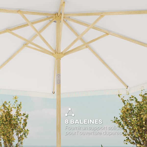 Parasol droit de jardin inclinable parasol avec manivelle à franges mât en métal style bohème 8 baleines Ø 265 x 244 cm blanc