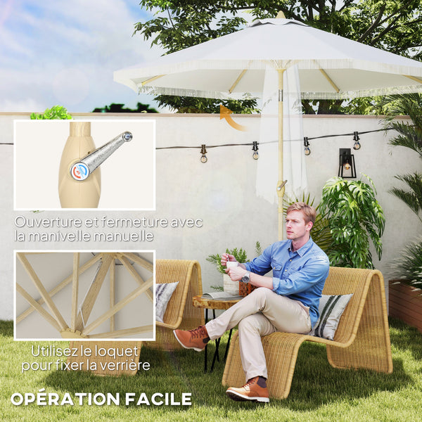 Parasol droit de jardin inclinable parasol avec manivelle à franges mât en métal style bohème 8 baleines Ø 265 x 244 cm blanc
