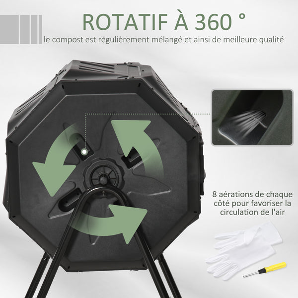 Composteur de Jardin - bac à Compost pour déchets - Rotatif 360° - Double Chambre 160 L - Acier PP Noir