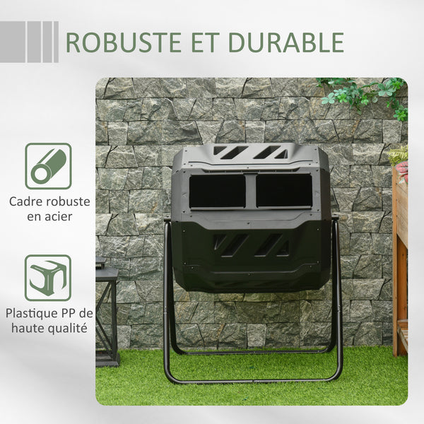 Composteur de Jardin - bac à Compost pour déchets - Rotatif 360° - Double Chambre 160 L - Acier PP Noir