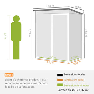 Abri de Jardin en Métal 1,37m² 163x90x179cm, Acier Galvanisé - Armoire de Jardin Adossable avec 2 Grilles d'Aération et Toit Incliné Anti-UV - Cabanon de Stockage pour Outils, Gris Foncé