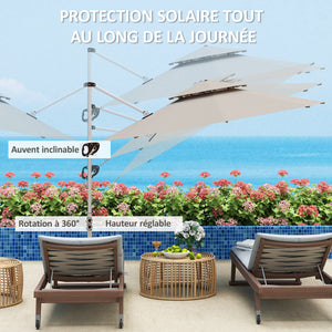 Parasol déporté rond 3 x 2,5 m, parasol de jardin extérieur avec manivelle, base croisée, inclinable et rotatif à 360°, double toit, protection UV UPF0+, gris