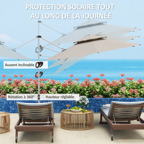 Parasol déporté rond 3 x 2,5 m, parasol de jardin extérieur avec manivelle, base croisée, inclinable et rotatif à 360°, double toit, protection UV UPF0+, gris