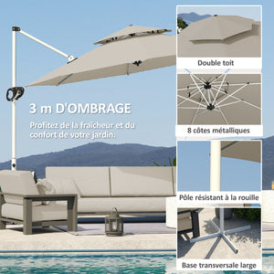 Parasol déporté rond 3 x 2,5 m, parasol de jardin extérieur avec manivelle, base croisée, inclinable et rotatif à 360°, double toit, protection UV UPF0+, gris