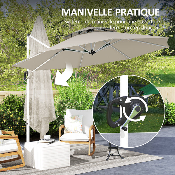 Parasol déporté rond 3 x 2,5 m, parasol de jardin extérieur avec manivelle, base croisée, inclinable et rotatif à 360°, double toit, protection UV UPF0+, gris