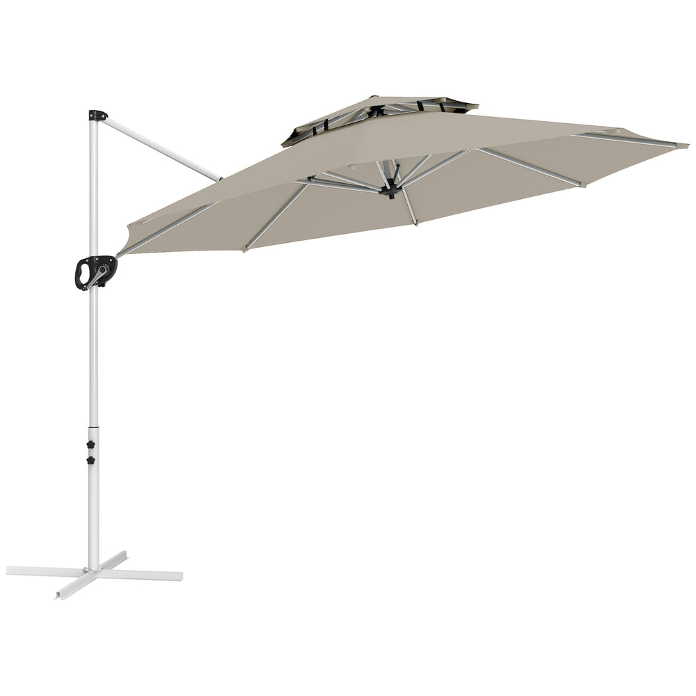 Parasol déporté rond 3 x 2,5 m, parasol de jardin extérieur avec manivelle, base croisée, inclinable et rotatif à 360°, double toit, protection UV UPF0+, gris