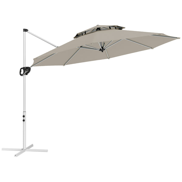 Parasol déporté rond 3 x 2,5 m, parasol de jardin extérieur avec manivelle, base croisée, inclinable et rotatif à 360°, double toit, protection UV UPF0+, gris