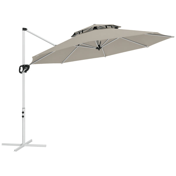 Parasol déporté rond 3 x 2,5 m, parasol de jardin extérieur avec manivelle, base croisée, inclinable et rotatif à 360°, double toit, protection UV UPF0+, gris