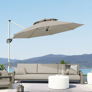 Parasol déporté rond 3 x 2,5 m, parasol de jardin extérieur avec manivelle, base croisée, inclinable et rotatif à 360°, double toit, protection UV UPF0+, gris