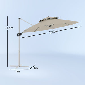 Parasol déporté rond 3 x 2,5 m, parasol de jardin extérieur avec manivelle, base croisée, inclinable et rotatif à 360°, double toit, protection UV UPF0+, gris