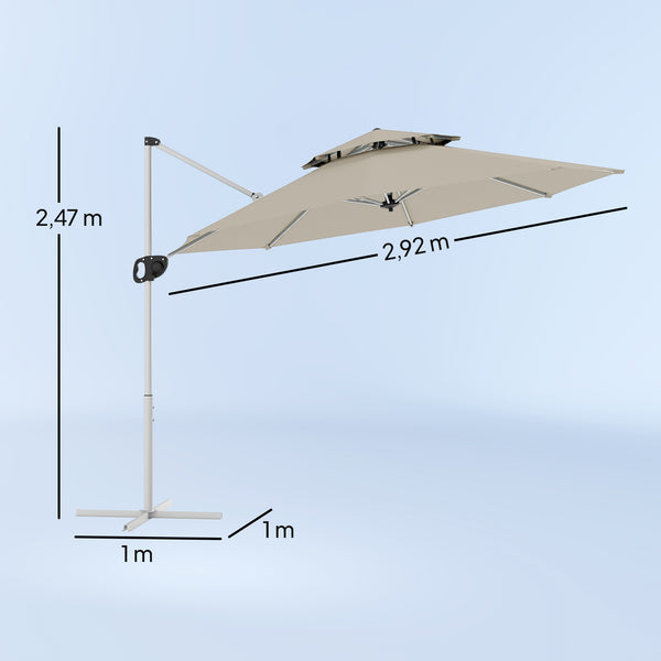 Parasol déporté rond 3 x 2,5 m, parasol de jardin extérieur avec manivelle, base croisée, inclinable et rotatif à 360°, double toit, protection UV UPF0+, gris