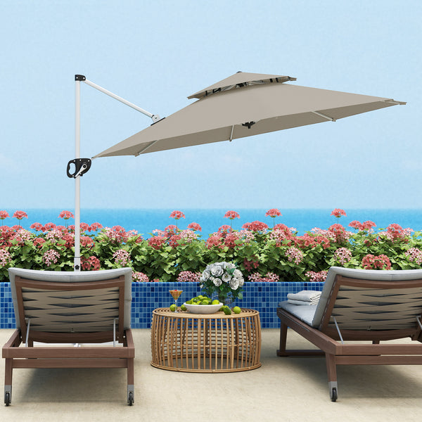 Parasol déporté rond 3 x 2,5 m, parasol de jardin extérieur avec manivelle, base croisée, inclinable et rotatif à 360°, double toit, protection UV UPF0+, gris