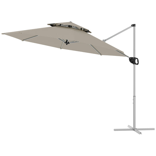 Parasol déporté rond 3 x 2,5 m, parasol de jardin extérieur avec manivelle, base croisée, inclinable et rotatif à 360°, double toit, protection UV UPF0+, gris