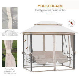 Balancelle de Jardin 3 Places Convertible Style Colonial Grand Confort 2 Coussins + Matelas + moustiquaires Inclus Noir Beige