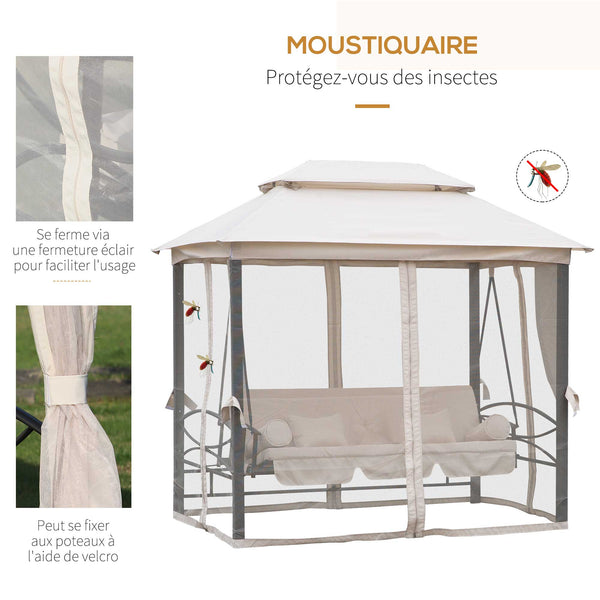 Balancelle de Jardin 3 Places Convertible Style Colonial Grand Confort 2 Coussins + Matelas + moustiquaires Inclus Noir Beige