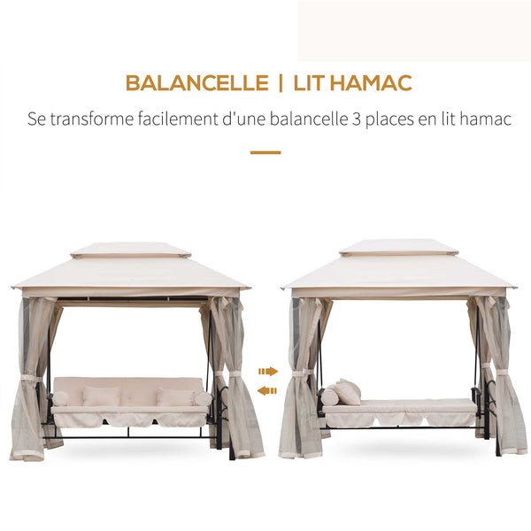 Balancelle de Jardin 3 Places Convertible Style Colonial Grand Confort 2 Coussins + Matelas + moustiquaires Inclus Noir Beige