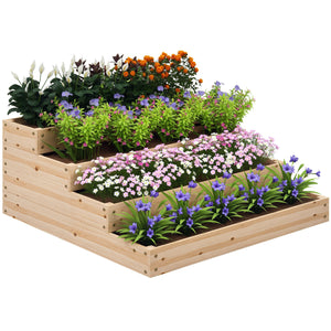 Carré potager de jardin, jardinière en bois massif, lit de jardin surélevé, sans fond, 4 étages, pour herbes légumes fruits fleurs, 113 x 113 x 46 cm, bois naturel