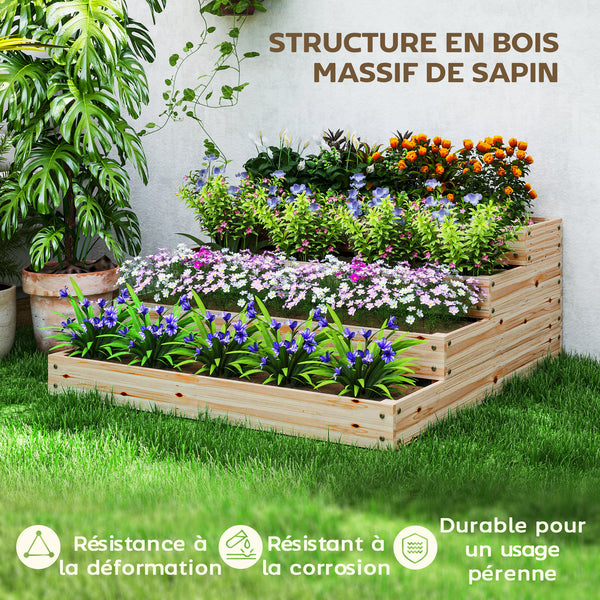 Carré potager de jardin, jardinière en bois massif, lit de jardin surélevé, sans fond, 4 étages, pour herbes légumes fruits fleurs, 113 x 113 x 46 cm, bois naturel