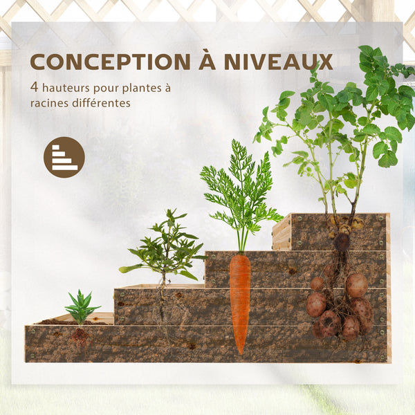 Carré potager de jardin, jardinière en bois massif, lit de jardin surélevé, sans fond, 4 étages, pour herbes légumes fruits fleurs, 113 x 113 x 46 cm, bois naturel