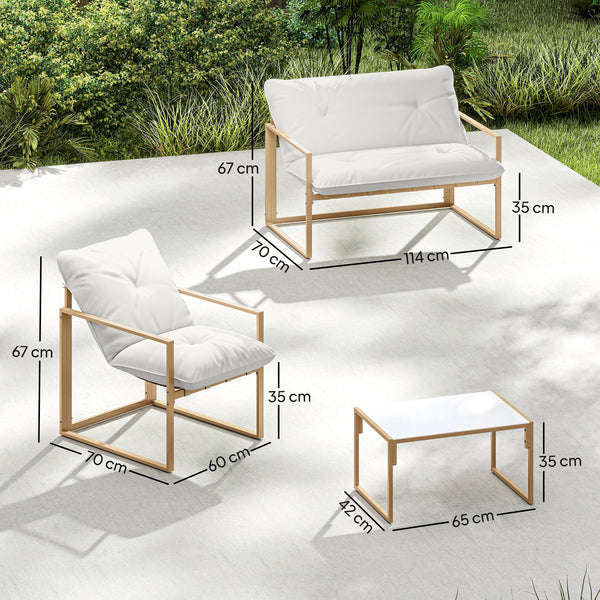 Salon de jardin extérieur 4 pièces avec coussins ultra-épais 15cm - ensemble mobilier de jardin et salon bas pour terrasse - canapé 2 places avec table basse et 2 fauteuils, cadre acier kaki