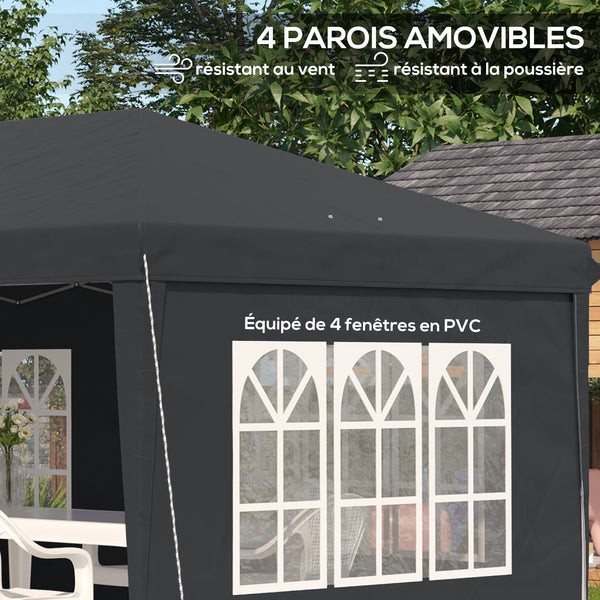 Tonnelle de jardin extérieure pop-up pliante - tente de réception - 3 x 6 m - pavillon chapiteau barnum - 3 cotés démontables - piquets d'ancrage au sol + sac de transport inclus noir
