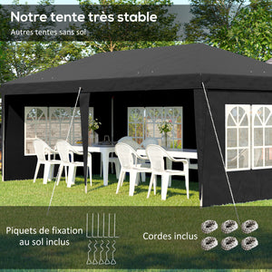 Tonnelle de jardin extérieure pop-up pliante - tente de réception - 3 x 6 m - pavillon chapiteau barnum - 3 cotés démontables - piquets d'ancrage au sol + sac de transport inclus noir