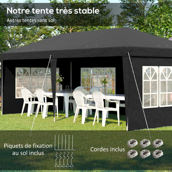 Tonnelle de jardin extérieure pop-up pliante - tente de réception - 3 x 6 m - pavillon chapiteau barnum - 3 cotés démontables - piquets d'ancrage au sol + sac de transport inclus noir