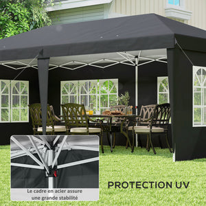 Tonnelle de jardin extérieure pop-up pliante - tente de réception - 3 x 6 m - pavillon chapiteau barnum - 3 cotés démontables - piquets d'ancrage au sol + sac de transport inclus noir
