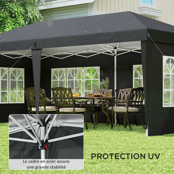 Tonnelle de jardin extérieure pop-up pliante - tente de réception - 3 x 6 m - pavillon chapiteau barnum - 3 cotés démontables - piquets d'ancrage au sol + sac de transport inclus noir