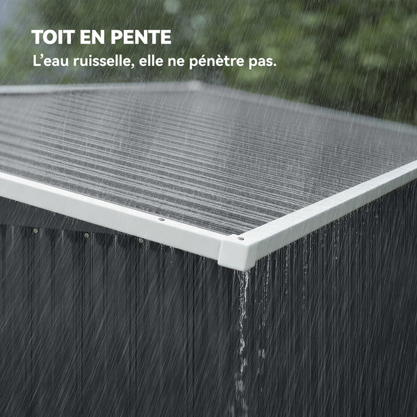 Abri de jardin en métal, cabane de jardin extérieure 234 x 132 x 185 cm, triple porte verrouillable, toit incliné, aérations et gants, cabanon rangement outils en acier galvanisé, gris foncé