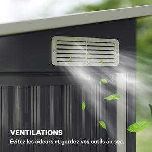 Abri de jardin en métal, cabane de jardin extérieure 234 x 132 x 185 cm, triple porte verrouillable, toit incliné, aérations et gants, cabanon rangement outils en acier galvanisé, gris foncé