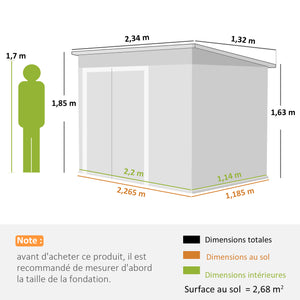 Abri de jardin en métal, cabane de jardin extérieure 234 x 132 x 185 cm, triple porte verrouillable, toit incliné, aérations et gants, cabanon rangement outils en acier galvanisé, gris foncé