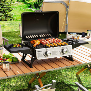 Barbecue gaz de table transportable, 2 brûleurs 5,6 KW, barbecue gaz de camping avec étagères latérales, couvercle, noir