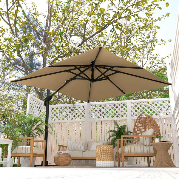 Parasol déporté carré 3 x 3 m, parasol de jardin extérieur avec manivelle, base croisée, parasol rotatif à 360°, toile polyester 250 g/m², double toit, 8 baleines, kaki