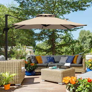 Parasol déporté carré 3 x 3 m, parasol de jardin extérieur avec manivelle, base croisée, parasol rotatif à 360°, toile polyester 250 g/m², double toit, 8 baleines, kaki