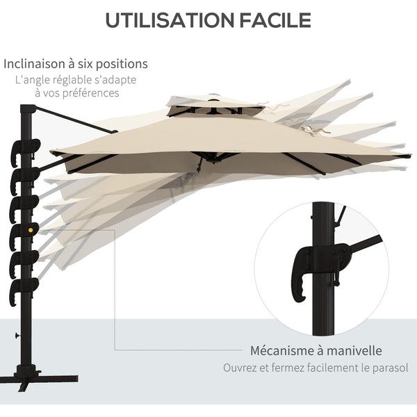 Parasol déporté carré 3 x 3 m, parasol de jardin extérieur avec manivelle, base croisée, parasol rotatif à 360°, toile polyester 250 g/m², double toit, 8 baleines, kaki