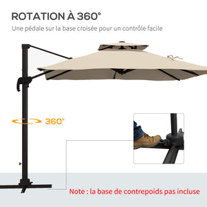 Parasol déporté carré 3 x 3 m, parasol de jardin extérieur avec manivelle, base croisée, parasol rotatif à 360°, toile polyester 250 g/m², double toit, 8 baleines, kaki