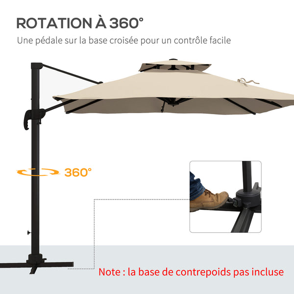 Parasol déporté carré 3 x 3 m, parasol de jardin extérieur avec manivelle, base croisée, parasol rotatif à 360°, toile polyester 250 g/m², double toit, 8 baleines, kaki
