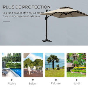 Parasol déporté carré 3 x 3 m, parasol de jardin extérieur avec manivelle, base croisée, parasol rotatif à 360°, toile polyester 250 g/m², double toit, 8 baleines, kaki