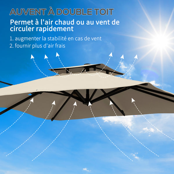 Parasol déporté carré 3 x 3 m, parasol de jardin extérieur avec manivelle, base croisée, parasol rotatif à 360°, toile polyester 250 g/m², double toit, 8 baleines, kaki