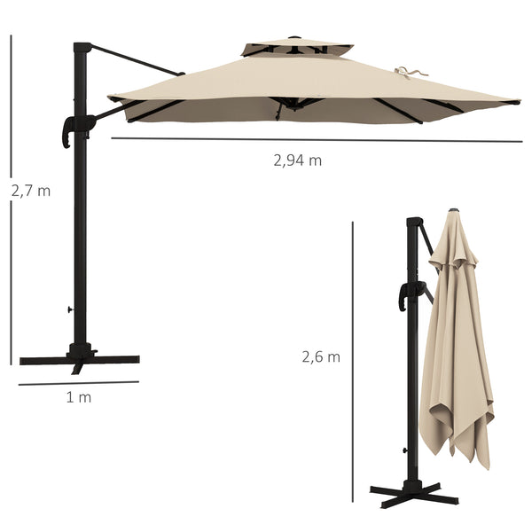 Parasol déporté carré 3 x 3 m, parasol de jardin extérieur avec manivelle, base croisée, parasol rotatif à 360°, toile polyester 250 g/m², double toit, 8 baleines, kaki