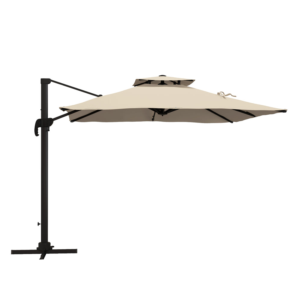 Parasol déporté carré 3 x 3 m, parasol de jardin extérieur avec manivelle, base croisée, parasol rotatif à 360°, toile polyester 250 g/m², double toit, 8 baleines, kaki