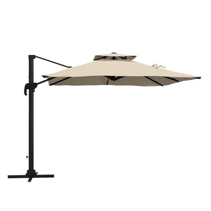 Parasol déporté carré 3 x 3 m, parasol de jardin extérieur avec manivelle, base croisée, parasol rotatif à 360°, toile polyester 250 g/m², double toit, 8 baleines, kaki