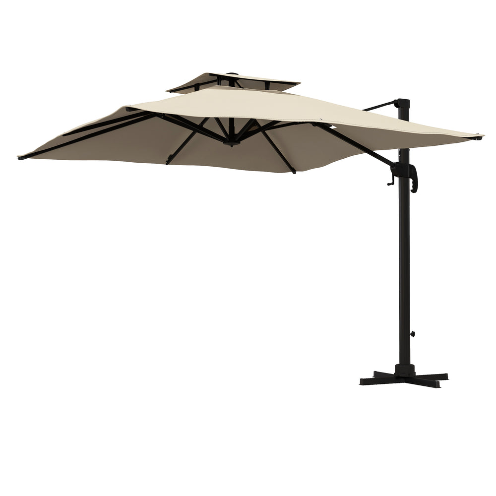 Parasol déporté carré 3 x 3 m, parasol de jardin extérieur avec manivelle, base croisée, parasol rotatif à 360°, toile polyester 250 g/m², double toit, 8 baleines, kaki