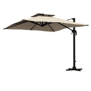 Parasol déporté carré 3 x 3 m, parasol de jardin extérieur avec manivelle, base croisée, parasol rotatif à 360°, toile polyester 250 g/m², double toit, 8 baleines, kaki