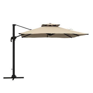 Parasol déporté carré 3 x 3 m, parasol de jardin extérieur avec manivelle, base croisée, parasol rotatif à 360°, toile polyester 250 g/m², double toit, 8 baleines, kaki
