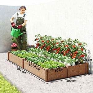 Carré Potager en Bois 234x109x25cm - Lit de Jardin Surélevé 4 Zones de Culture - Jardinière Extérieure à Fond Ouvert avec Montage sans Outil, pour Légumes, Fleurs, Marron Clair