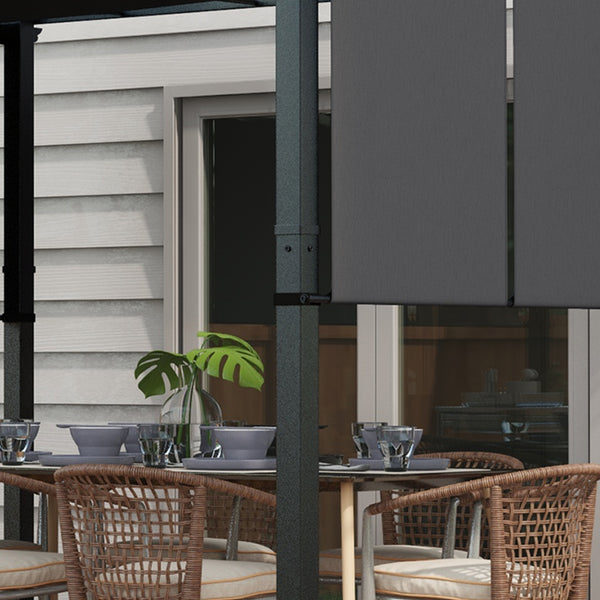 Pergola avec 3 toiles coulissantes 3,5 x 3 x 2,35 m structure acier noir toile polyester haute densité gris foncé