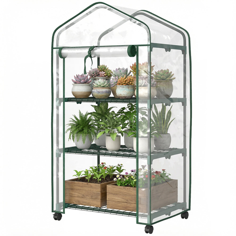 Serre de jardin PVC avec étagères 3 niveaux, serre de balcon, bâche PVC, châssis en acier, porte zippée enroulable, pour légumes plantes fleurs, 69x49x130cm, transparent