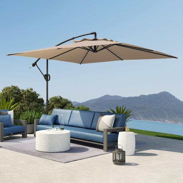Parasol déporté carré 3 x 3 m, parasol de jardin extérieur avec manivelle, base croisée, parasol inclinable et rotation à 360°, toile polyester 180 g/m², protection UV UPF50+, kaki